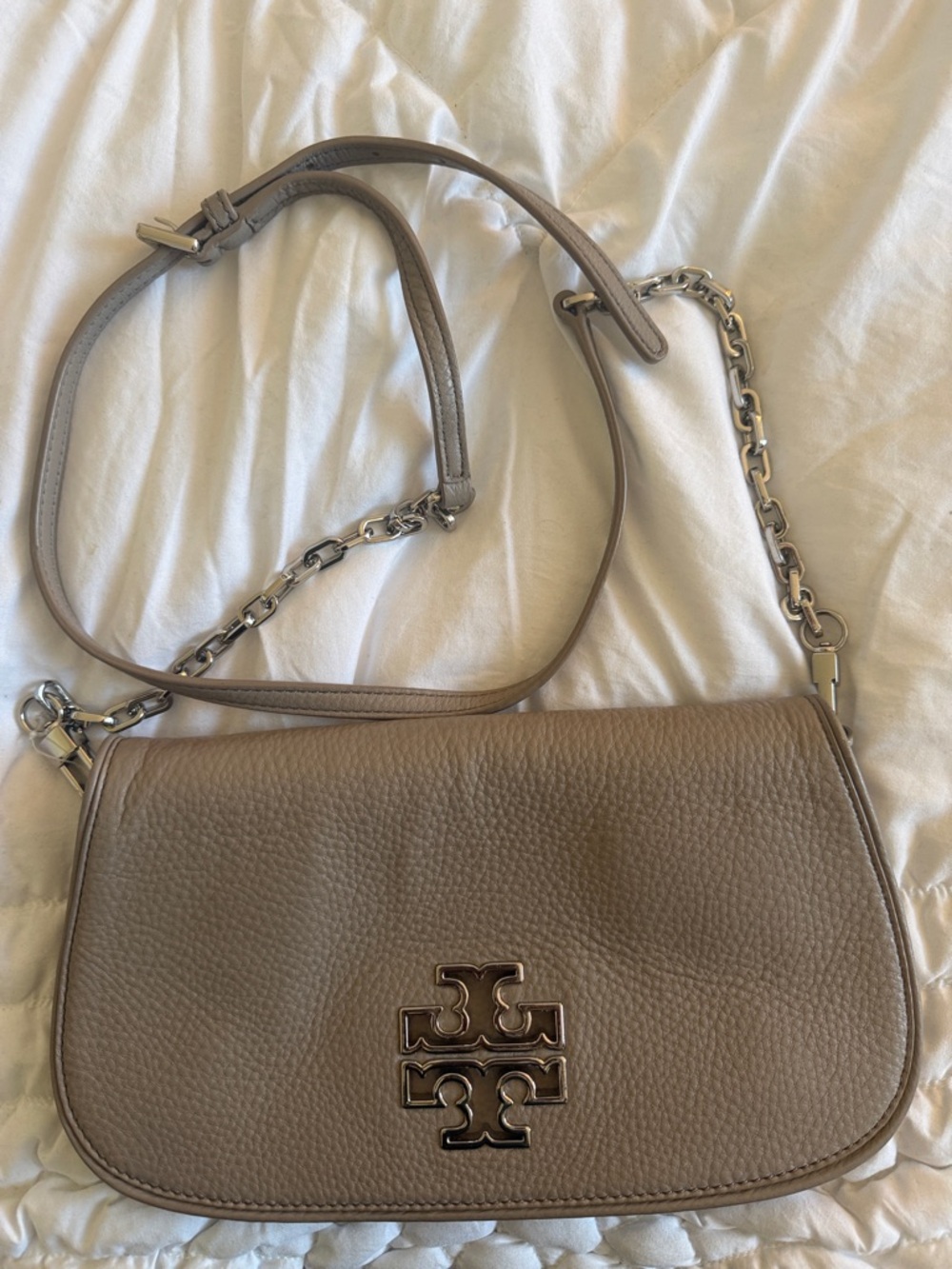 Tory Burch Taupe Pebbled Leather Shoulder Bag with Chain Strap